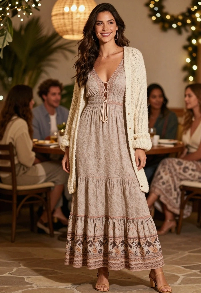 19 Trendy Holiday Outfit Ideas for Women That Are Perfect for Any Occasion! - 14. Boho Maxi Dress with Chunky Knit Cardigan 1