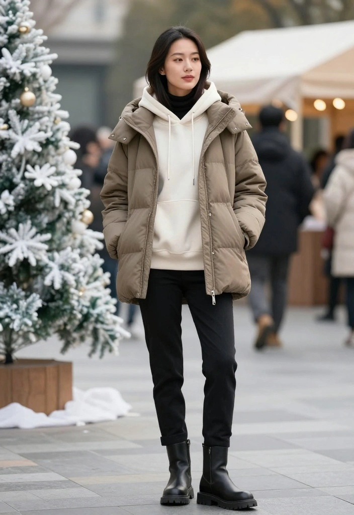 19 Trendy Holiday Outfit Ideas for Women That Are Perfect for Any Occasion! - 15. Casual Layered Look with Hoodie and Puffer Jacket 1