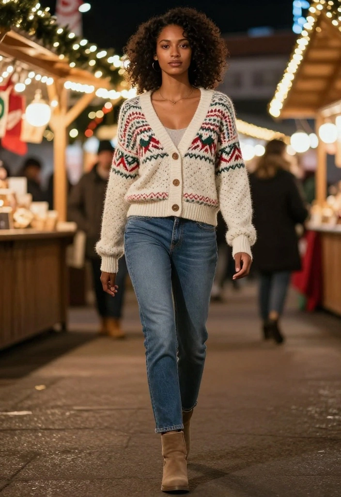 19 Trendy Holiday Outfit Ideas for Women That Are Perfect for Any Occasion! - 4. Festive Cardigan with Jeans 1