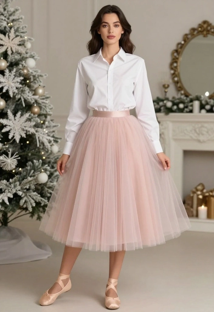 19 Trendy Holiday Outfit Ideas for Women That Are Perfect for Any Occasion! - 5. Classic White Button-Up with a Tulle Skirt 1