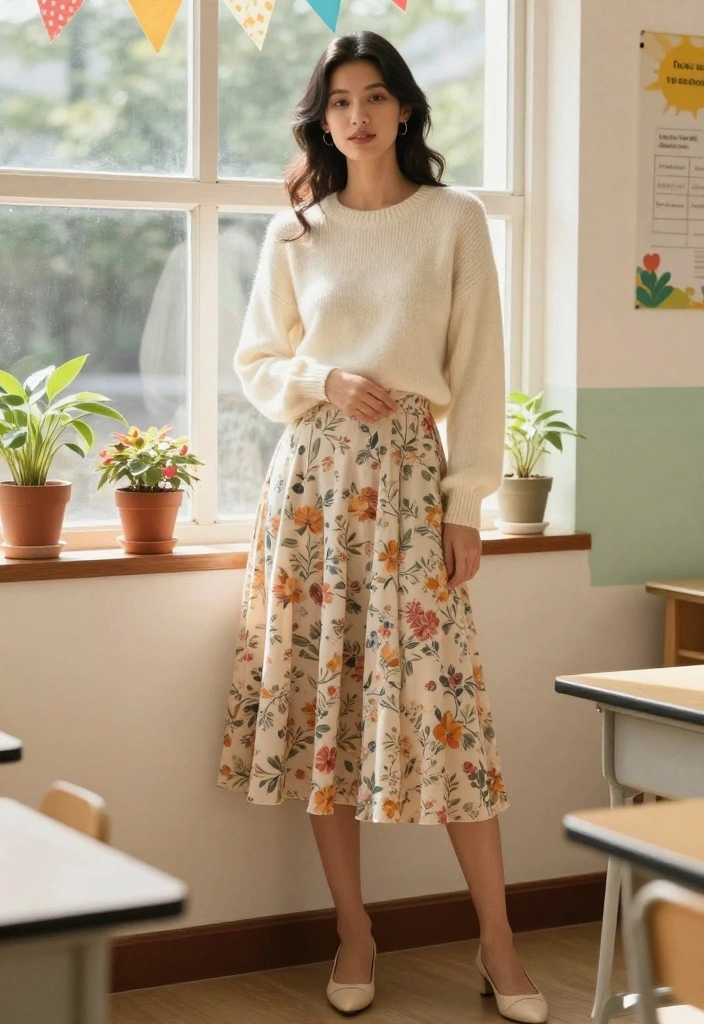 20 Casual Teacher Outfit Ideas That Are Perfect for Any Classroom! - 2. Comfy Sweater & Midi Skirt 1
