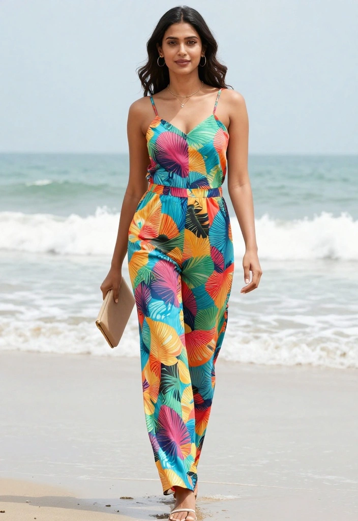 20 Chic Beach Outfit Ideas to Elevate Your Summer Style (Don't Miss #5!) - 10. Vibrant Beach Jumpsuit 1