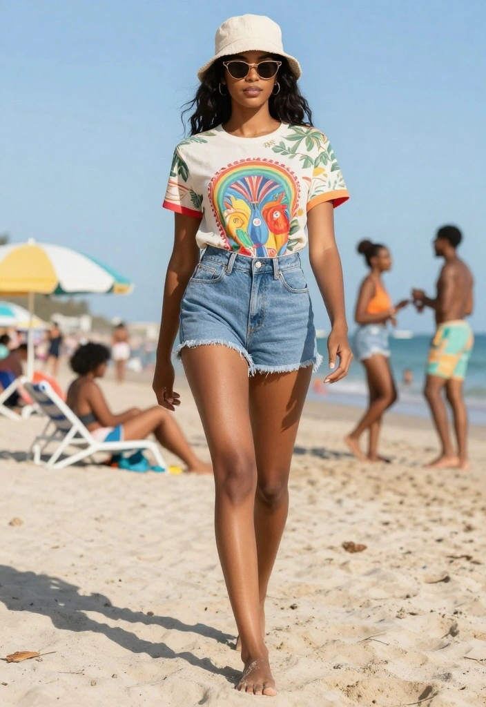 20 Chic Beach Outfit Ideas to Elevate Your Summer Style (Don't Miss #5!) - 4. Casual Denim Shorts and Graphic Tee 1