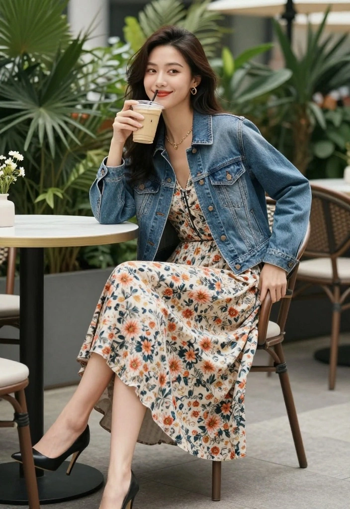 20 Chic Classy Aesthetic Outfit Ideas You Need to See (Warning: #11 Is a Showstopper!) - 16. Vintage Denim Jacket with a Floral Dress 1