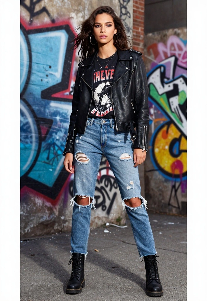 20 Punk Outfit Ideas That Will Turn Heads Everywhere You Go (Warning: #9 Is Bold!) - 1. Classic Leather Jacket and Band Tee 1