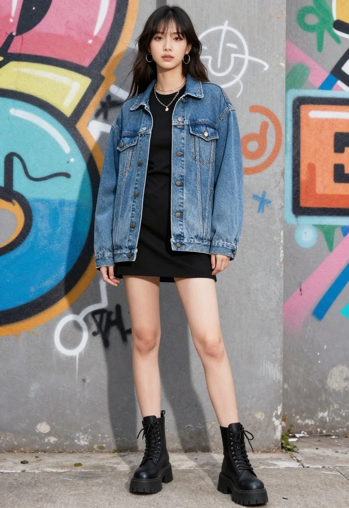 20 Punk Outfit Ideas That Will Turn Heads Everywhere You Go (Warning: #9 Is Bold!) - 3. Oversized Denim Jacket and Combat Boots 1