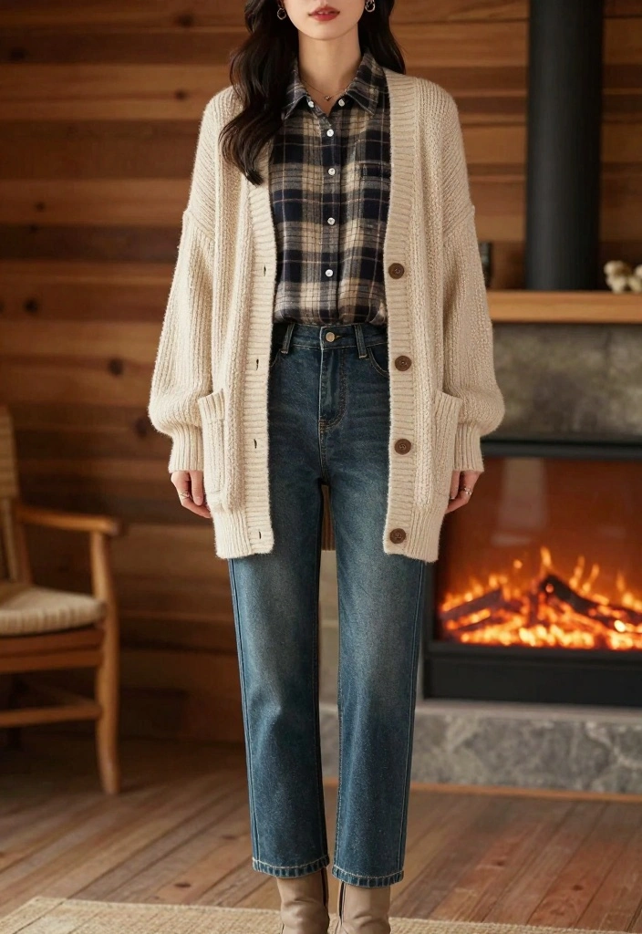 20 Stylish Winter Outfits for Women That Prove Comfort Can Be Chic! - 10. Flannel Shirt Layered with a Chunky Cardigan 1