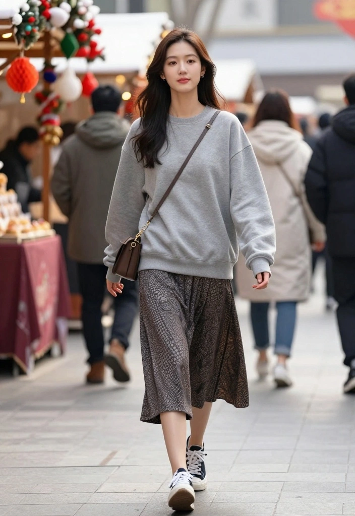 20 Stylish Winter Outfits for Women That Prove Comfort Can Be Chic! - 20. Casual Crewneck Sweatshirt with a Skirt 1