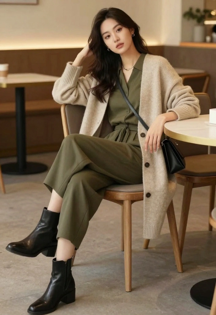 20 Stylish Winter Outfits for Women That Prove Comfort Can Be Chic! - 5. Casual Jumpsuit with a Wool Cardigan 1