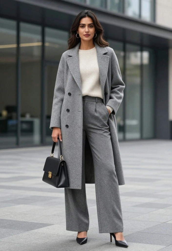 20 Stylish Winter Outfits for Women That Prove Comfort Can Be Chic! - 7. Tailored Coat over a Sweater and Wide-Leg Pants 1