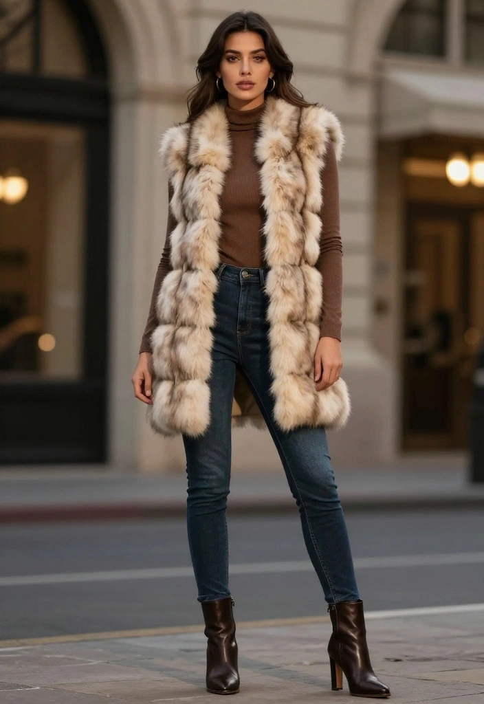 20 Stylish Winter Outfits for Women That Prove Comfort Can Be Chic! - 9. Luxe Faux Fur Vest with a Long-Sleeve Top 1