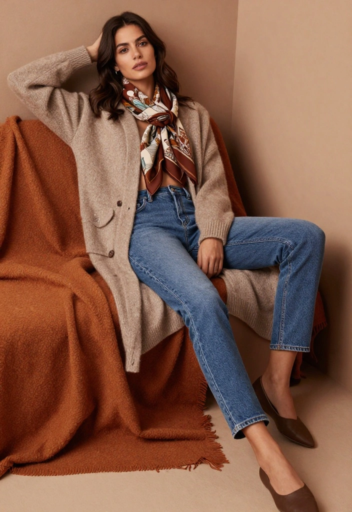 20 Trendy Cozy Fall Outfits for Women That Will Turn Heads This Autumn! - 13. Cardigan & Printed Scarf 1