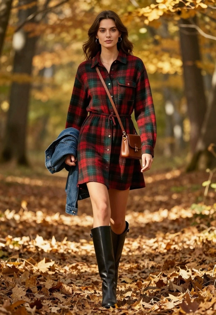 20 Trendy Cozy Fall Outfits for Women That Will Turn Heads This Autumn! - 2. Flannel Shirt Dress & Knee-High Boots 1