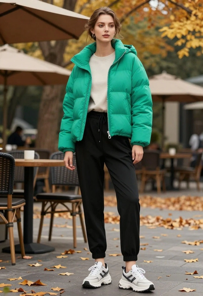 20 Trendy Cozy Fall Outfits for Women That Will Turn Heads This Autumn! - 6. Puffer Jacket & Joggers 1