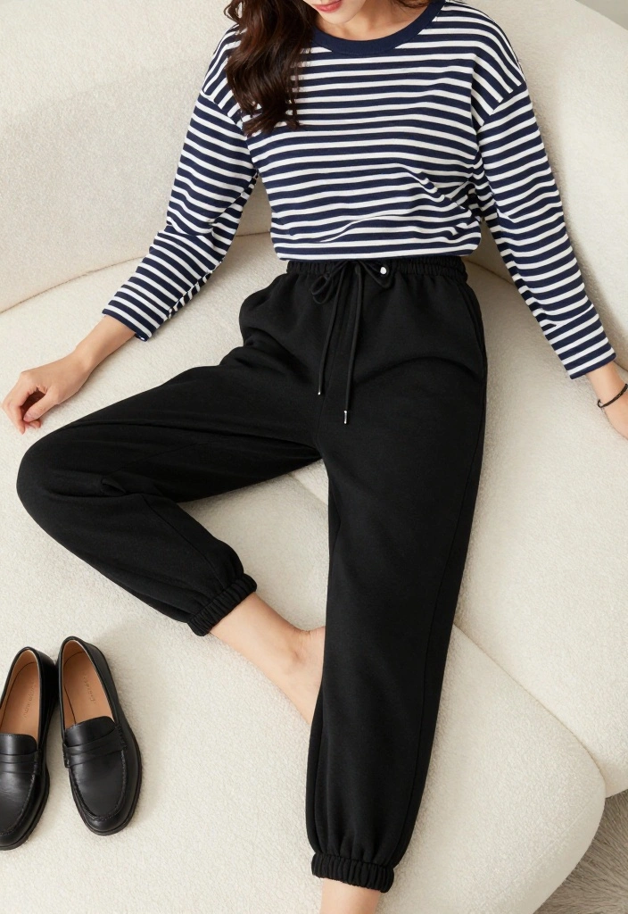 20 Trendy Modest Casual Outfits You Need in Your Wardrobe Right Now! - 15. Striped Top and Comfy Joggers 1