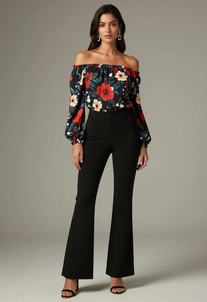 20 Trendy Modest Casual Outfits You Need in Your Wardrobe Right Now! - 16. Off-Shoulder Top with Flared Pants 1