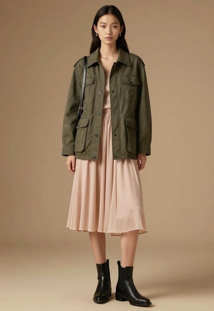 20 Trendy Modest Casual Outfits You Need in Your Wardrobe Right Now! - 17. Utility Jacket with a Midi Skirt 1