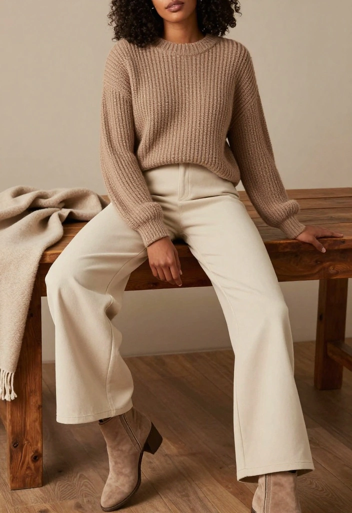 20 Trendy Modest Casual Outfits You Need in Your Wardrobe Right Now! - 6. Chunky Knit Sweater and Wide-Leg Pants 1