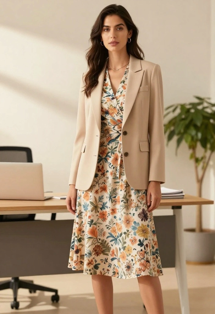 20 Trendy Spring Work Outfit Ideas for Women You Can't Miss! - 1. Floral Midi Dress with a Blazer 1