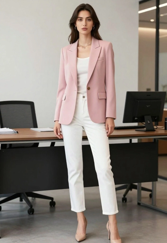 20 Trendy Spring Work Outfit Ideas for Women You Can't Miss! - 13. Pastel Blazer and White Jeans 1
