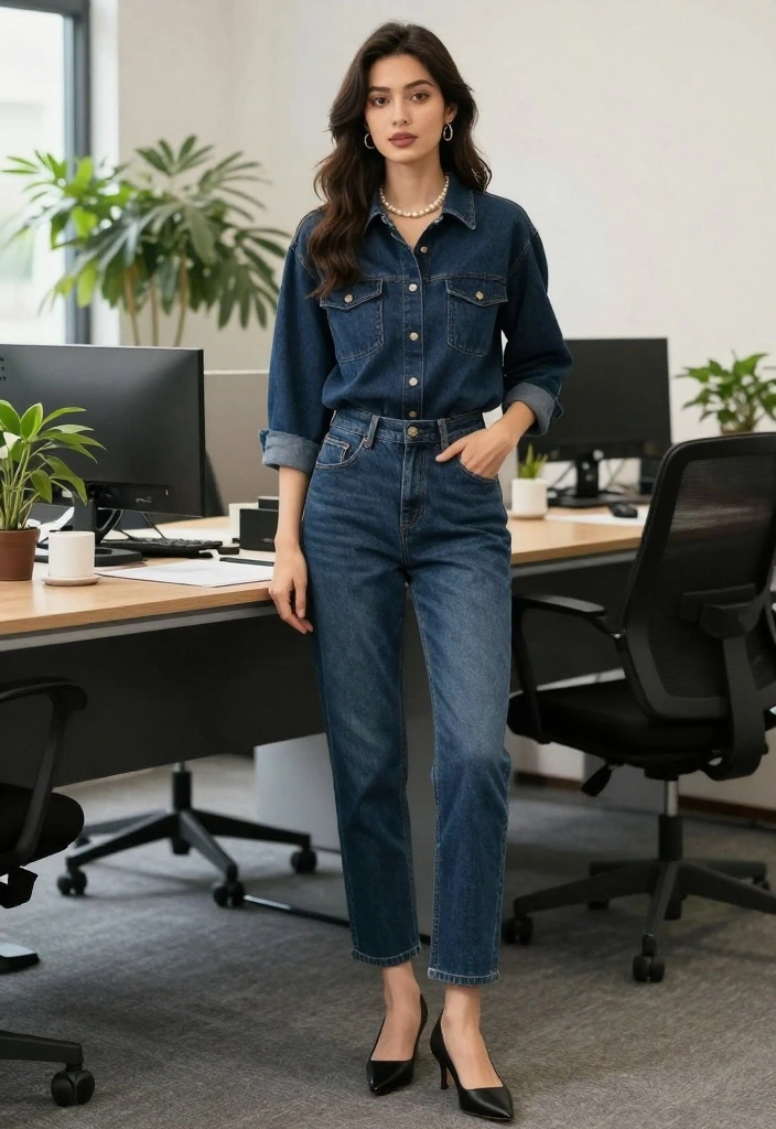 20 Trendy Spring Work Outfit Ideas for Women You Can't Miss! - 16. Casual Chic with Denim and Pearls 1