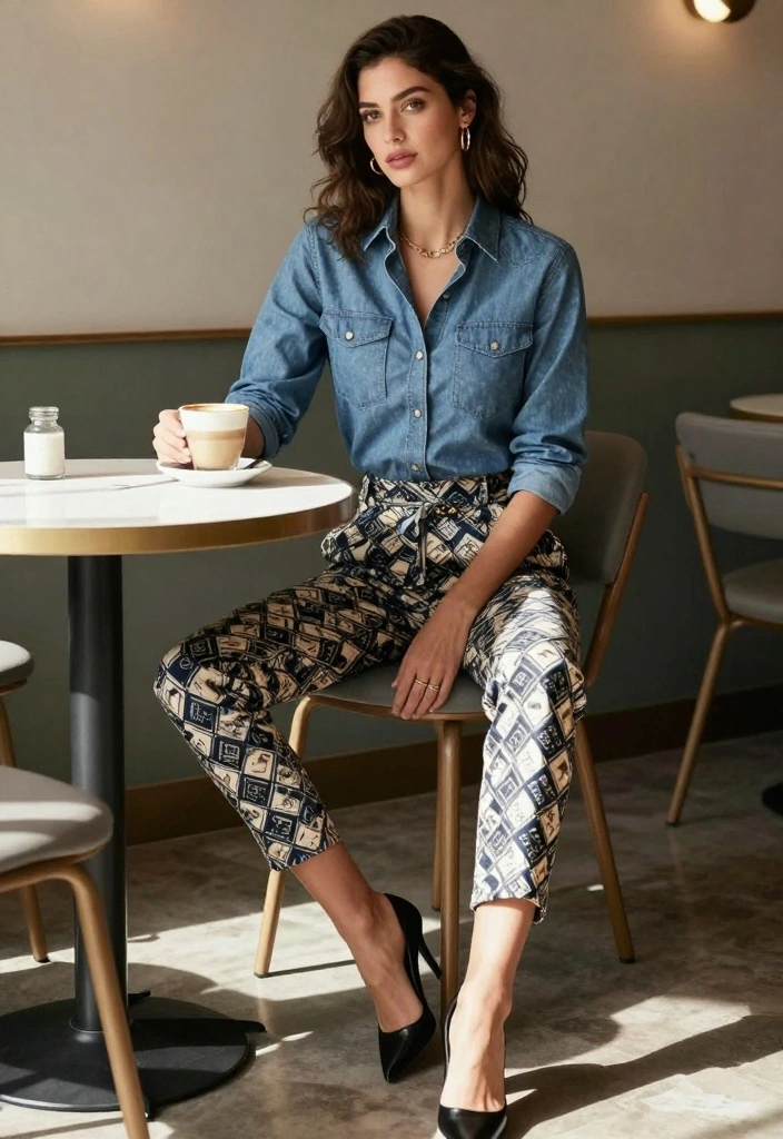 20 Trendy Spring Work Outfit Ideas for Women You Can't Miss! - 5. Chambray Shirt and Printed Pants 1