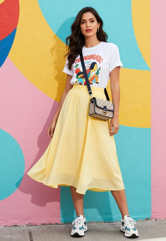 21 Effortlessly Chic Spring Outfit Ideas for Women (Get Ready to Turn Heads!) - 6. Midi Skirt and Graphic Tee 1
