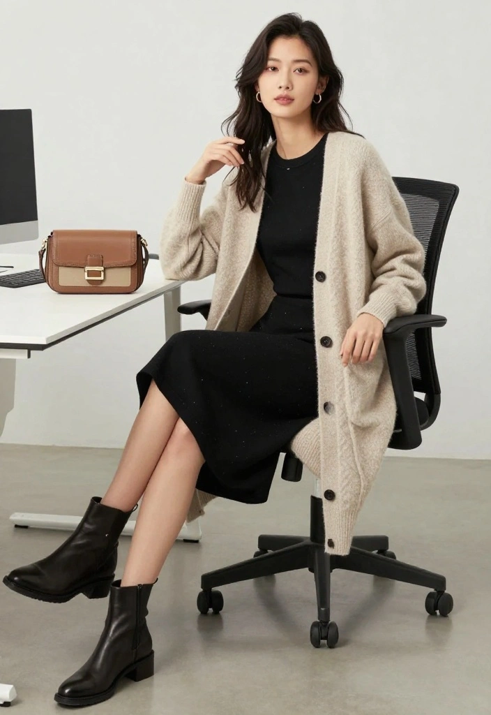 21 Office Outfit Ideas for Women That Are So Casual, You'll Want to Wear Them Every Day! - 10. Jersey Dress with a Long Cardigan 1