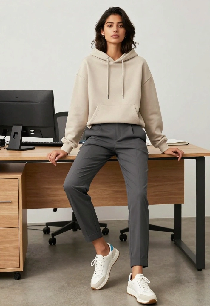 21 Office Outfit Ideas for Women That Are So Casual, You'll Want to Wear Them Every Day! - 15. Casual Hoodie with Trousers 1