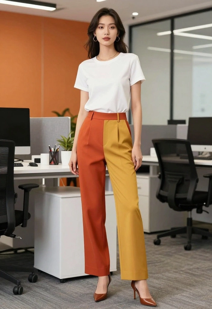 21 Office Outfit Ideas for Women That Are So Casual, You'll Want to Wear Them Every Day! - 18. Colorful Trousers with a Simple Top 1