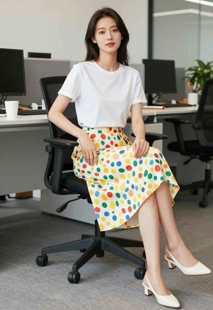 21 Office Outfit Ideas for Women That Are So Casual, You'll Want to Wear Them Every Day! - 19. Printed Skirt with a Basic Tee 1