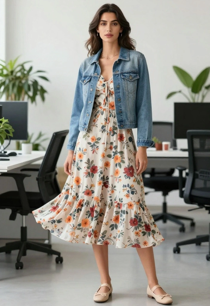 21 Office Outfit Ideas for Women That Are So Casual, You'll Want to Wear Them Every Day! - 2. Casual Midi Dress with a Denim Jacket 1