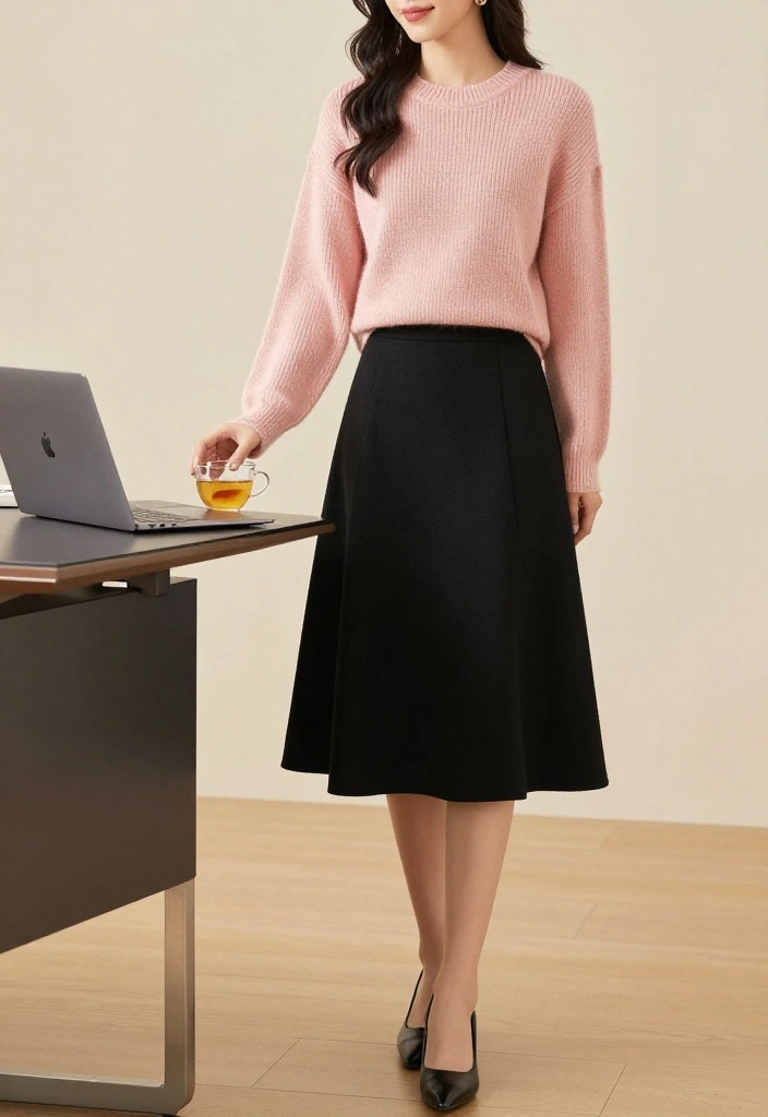 21 Office Outfit Ideas for Women That Are So Casual, You'll Want to Wear Them Every Day! - 4. Cozy Knit Sweater and A-Line Skirt 1