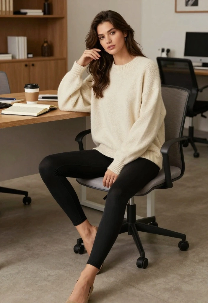 21 Office Outfit Ideas for Women That Are So Casual, You'll Want to Wear Them Every Day! - 6. Oversized Sweater with Leggings 1