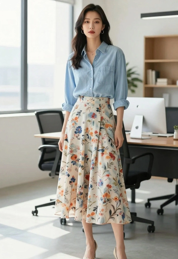 21 Office Outfit Ideas for Women That Are So Casual, You'll Want to Wear Them Every Day! - 7. Chambray Shirt with Maxi Skirt 1