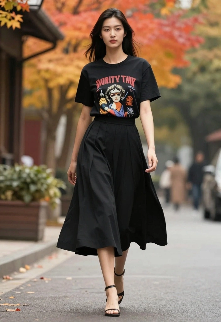 21 Versatile Fall Outfit Ideas for Women That Transition from Day to Night! - 13. Graphic Tee with a Midi Skirt 1