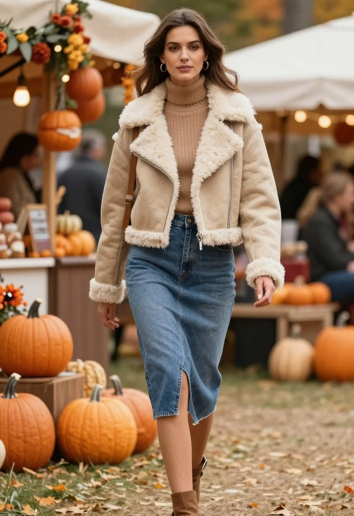 21 Versatile Fall Outfit Ideas for Women That Transition from Day to Night! - 20. Shearling Jacket with a Denim Skirt 1