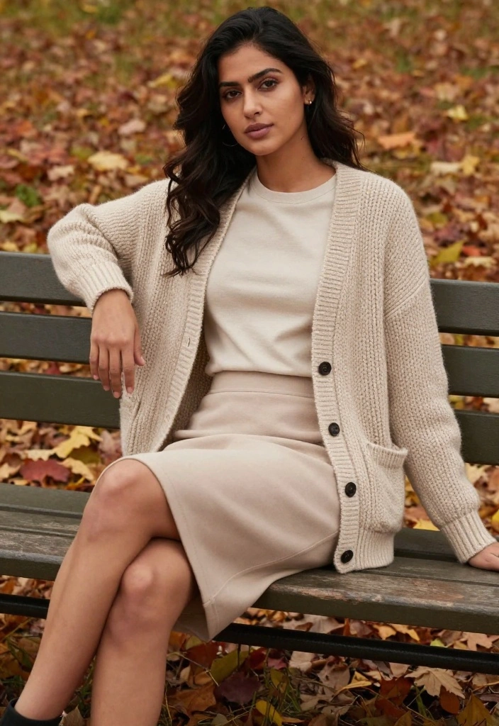 21 Versatile Fall Outfit Ideas for Women That Transition from Day to Night! - 4. Chunky Cardigan with a Tee and Skirt 1