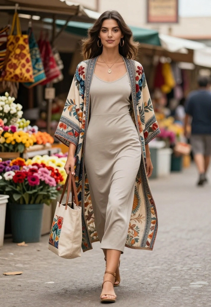22 Affordable Vintage Outfit Ideas for Women (Style on a Budget! #10 is a Gem!) - 16. Vintage Kimono with a Simple Dress 1