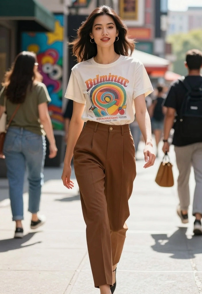 22 Affordable Vintage Outfit Ideas for Women (Style on a Budget! #10 is a Gem!) - 2. Retro Graphic Tee and High-Waisted Trousers 1