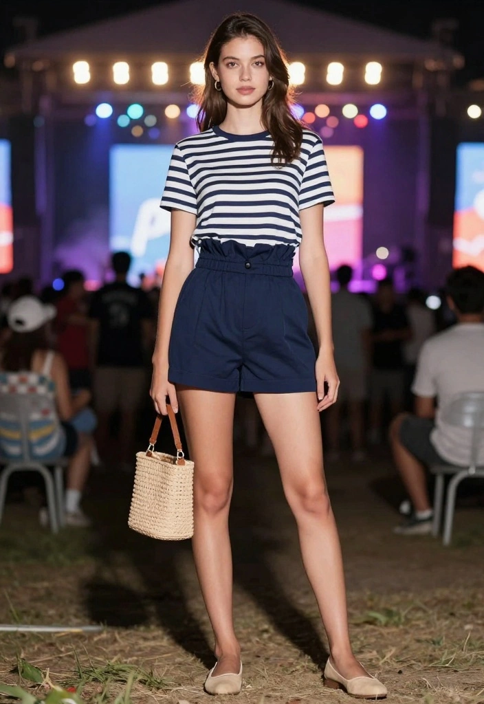 22 Casual Outfit Inspirations for Concerts That Will Make You Stand Out! - 14. Striped Tee and Paperbag Shorts 1