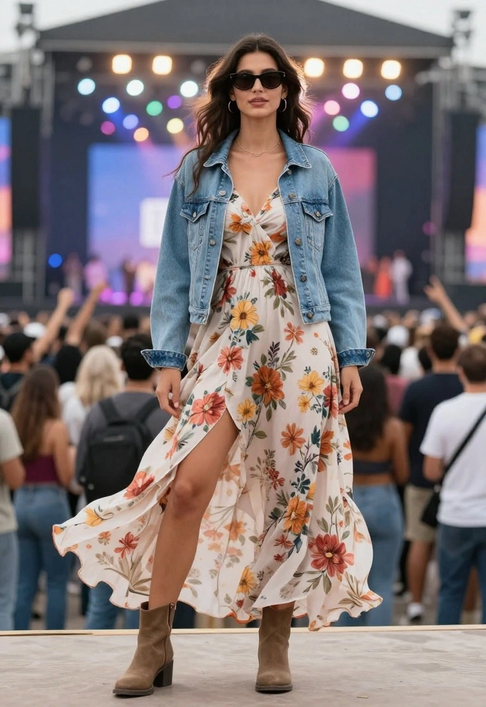 22 Casual Outfit Inspirations for Concerts That Will Make You Stand Out! - 3. Denim Jacket and Floral Dress 1