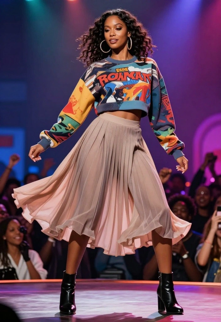 22 Casual Outfit Inspirations for Concerts That Will Make You Stand Out! - 7. Graphic Sweatshirt and Pleated Skirt 1