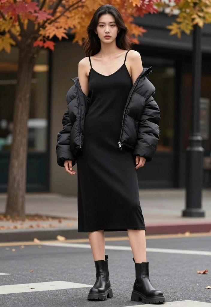 22 Fall Casual Fashion Outfit Inspo Ideas That Are Perfectly Aesthetic (You’ll Love #12!) - 19. Puffer Jacket with Casual Slip Dress 1