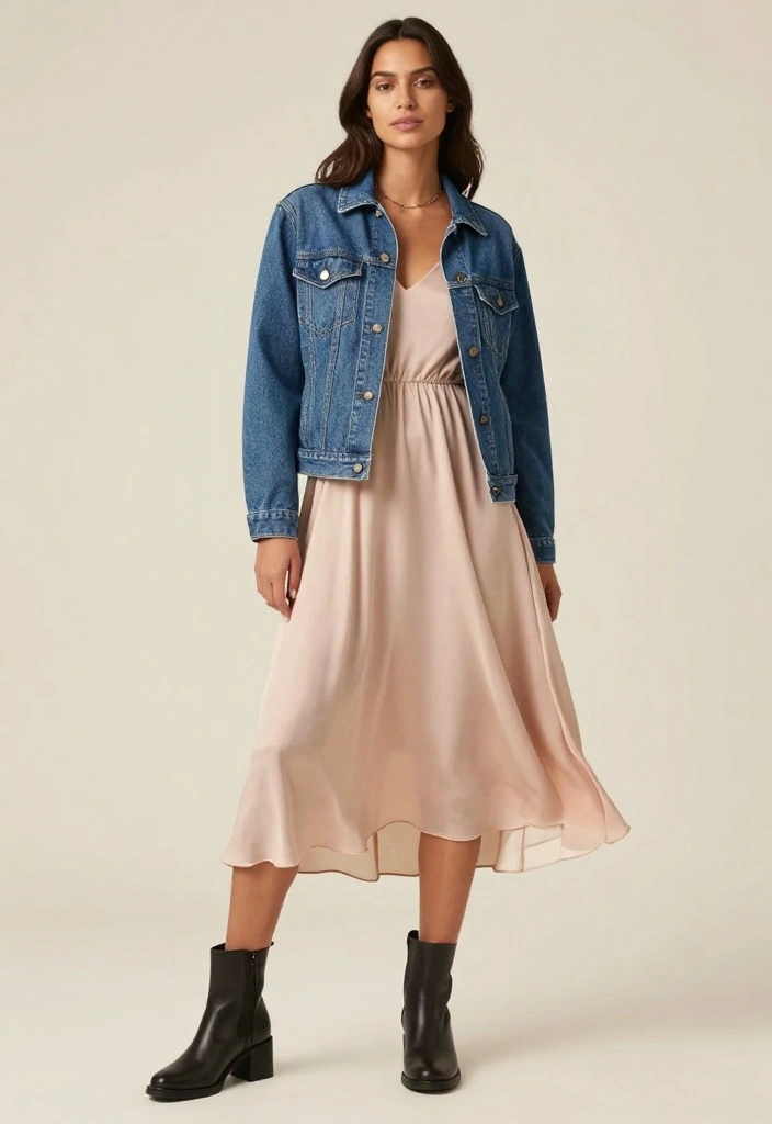 22 Timeless Outfit Inspirations for a Classy Date Night (Your Closet Will Thank You!) - 16. Classic Denim Jacket with a Flowy Dress 1