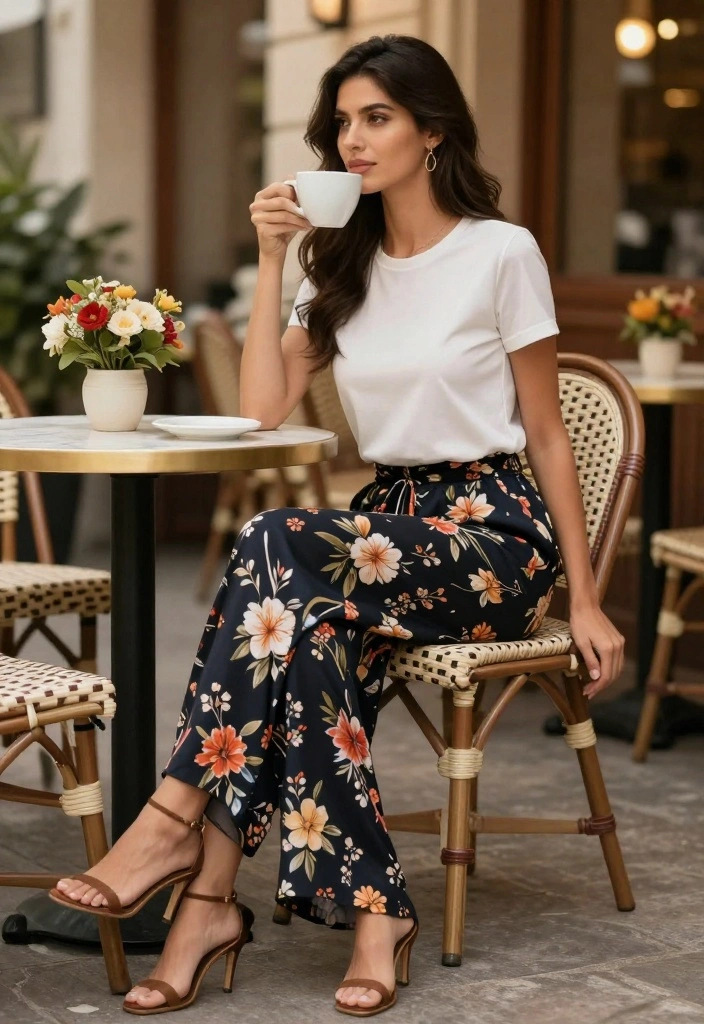 25 Floral-Inspired Cute Spring Outfits That Are Pure Aesthetic Goals! - 14. Floral Print Palazzo Pants with a Basic Tee 1