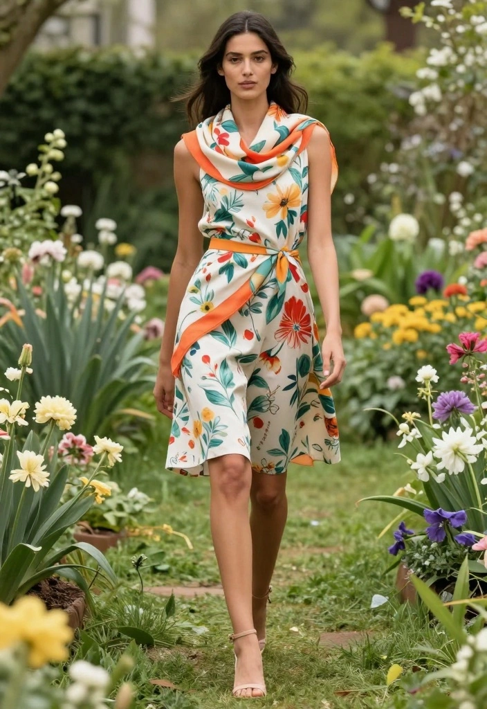 25 Floral-Inspired Cute Spring Outfits That Are Pure Aesthetic Goals! - 15. Floral Print Scarf and Simple Dress Combo 1