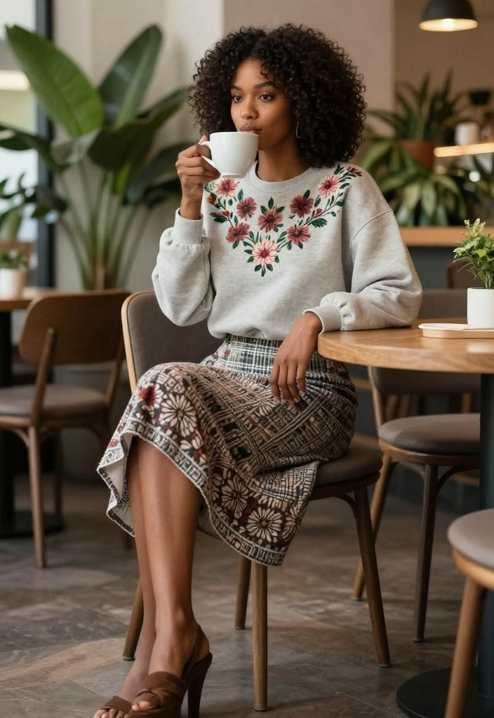 25 Floral-Inspired Cute Spring Outfits That Are Pure Aesthetic Goals! - 18. Floral Embroidered Sweatshirt with Skirts 1