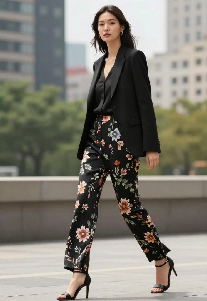 25 Floral-Inspired Cute Spring Outfits That Are Pure Aesthetic Goals! - 19. Floral Print Trousers with a Blazer 1