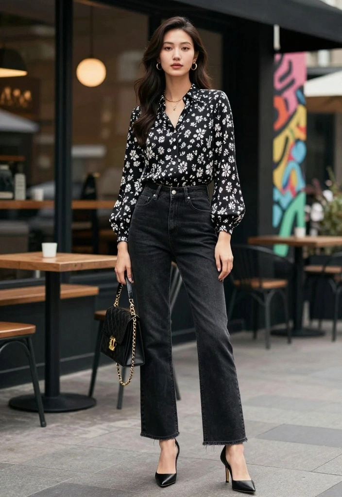 25 Floral-Inspired Cute Spring Outfits That Are Pure Aesthetic Goals! - 2. Cute Floral Blouse with High-Waisted Jeans 1